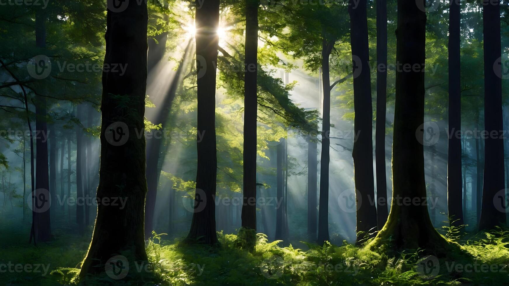 ai gegenereerd betoverd Woud zonlicht filteren door dicht luifel van bomen foto