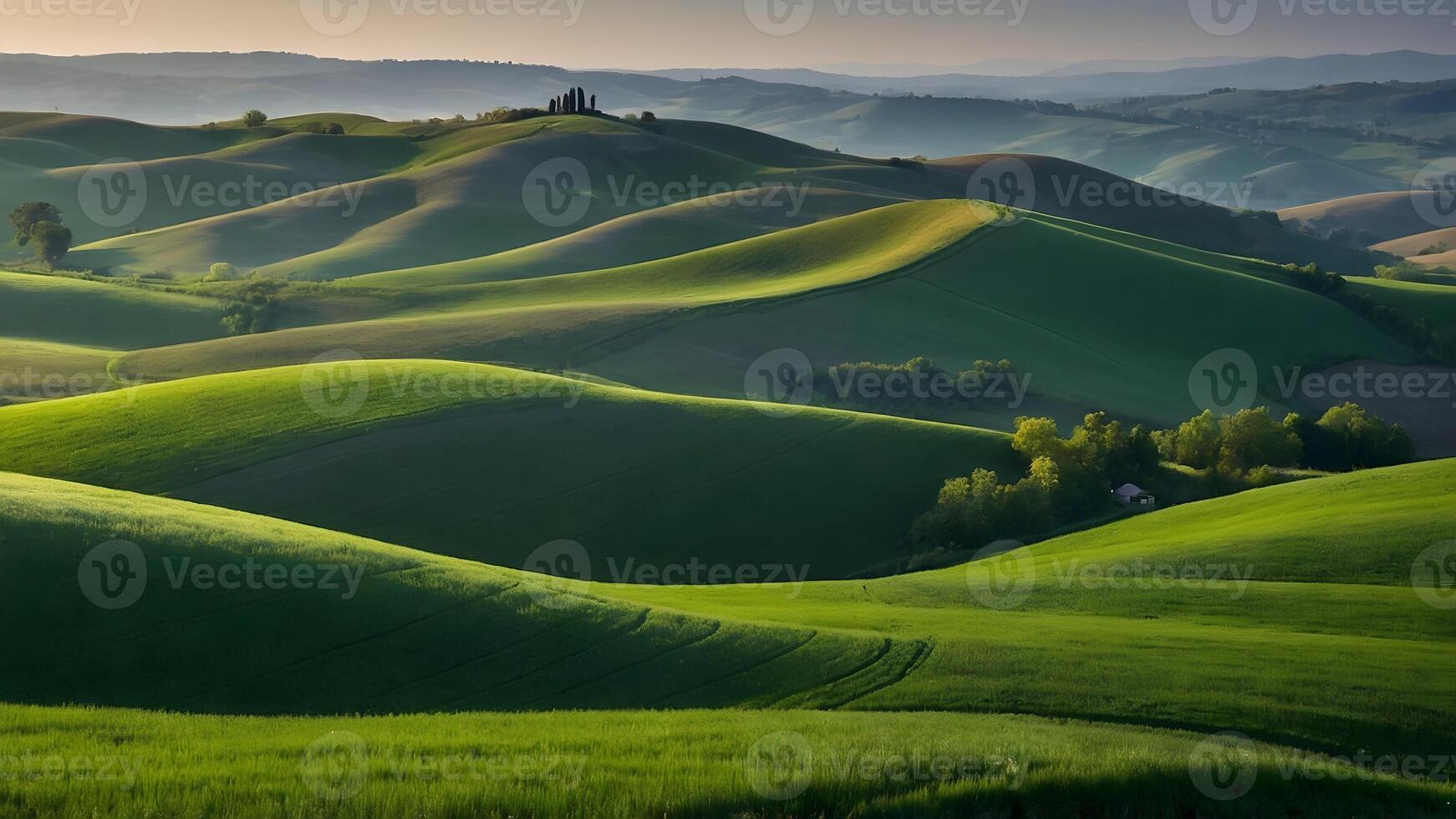 ai gegenereerd rollend heuvels groen groen velden uitrekken naar de horizon foto