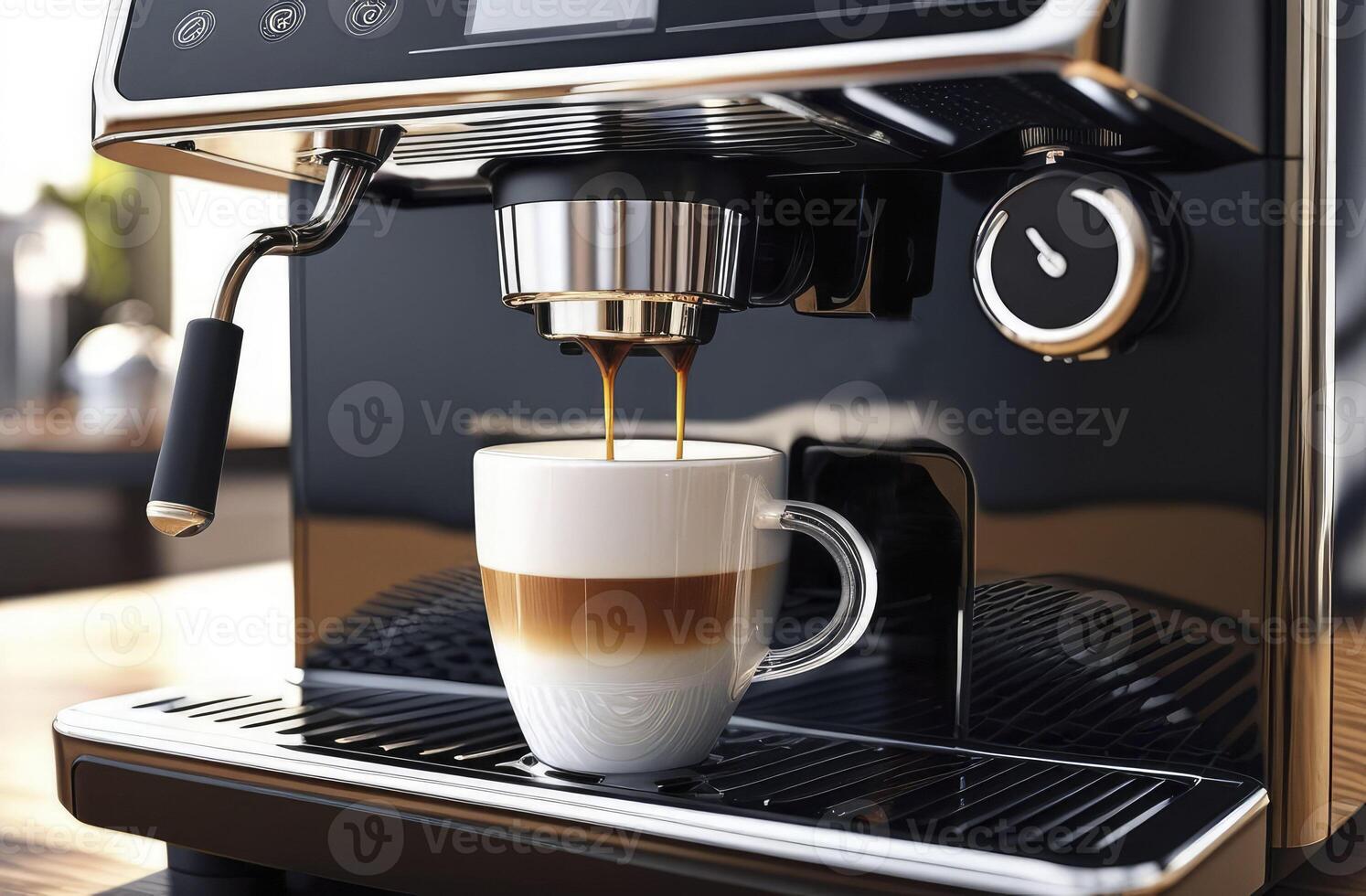 ai gegenereerd detailopname schot van espresso gieten van een koffie machine in een kop van koffie. professioneel koffie voorbereiding foto