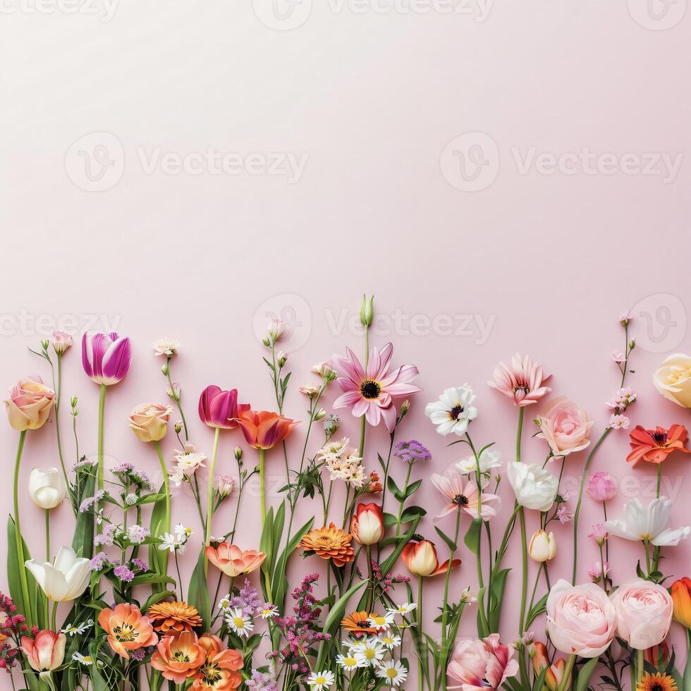 ai gegenereerd levendig bundel van geassorteerd bloemen Aan ongerept zacht achtergrond foto