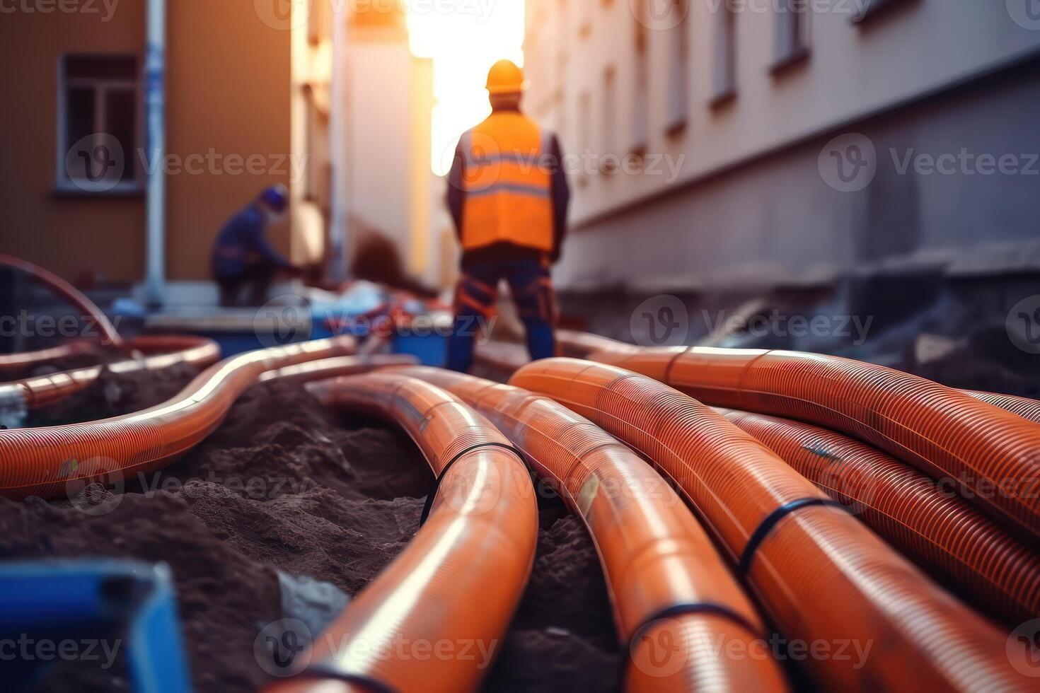 ai gegenereerd houdende pijpen in grond gedurende bouw van huis. generatief ai foto