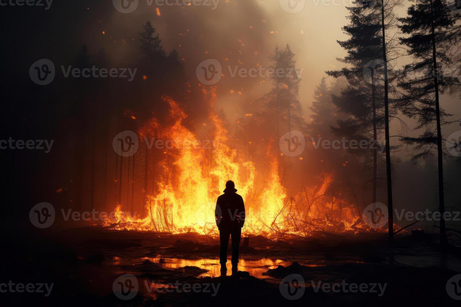 ai gegenereerd silhouet van Mens tegen achtergrond van Woud brand. generatief ai foto