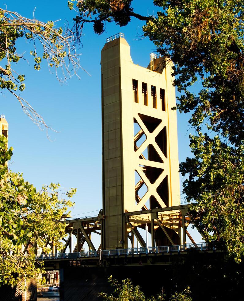 sacramento, ca, 2007 - een toren van sacramento brug ingelijst door bomen Aan of kant foto