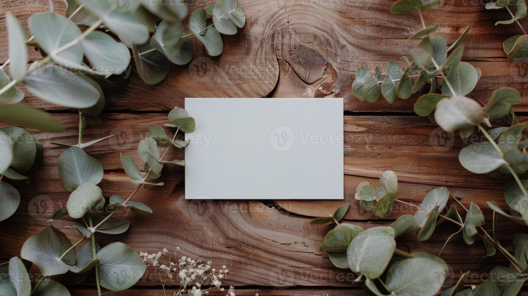ai gegenereerd top visie van blanco wit kaart Aan houten tafel met eucalyptus bladeren. vlak leggen van blanco ansichtkaart sjabloon voor bedrijf uitnodiging foto