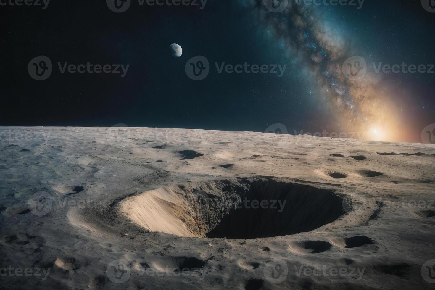 ai gegenereerd een groot krater is zichtbaar Aan de oppervlakte van een planeet met melkachtig manier in de achtergrond foto