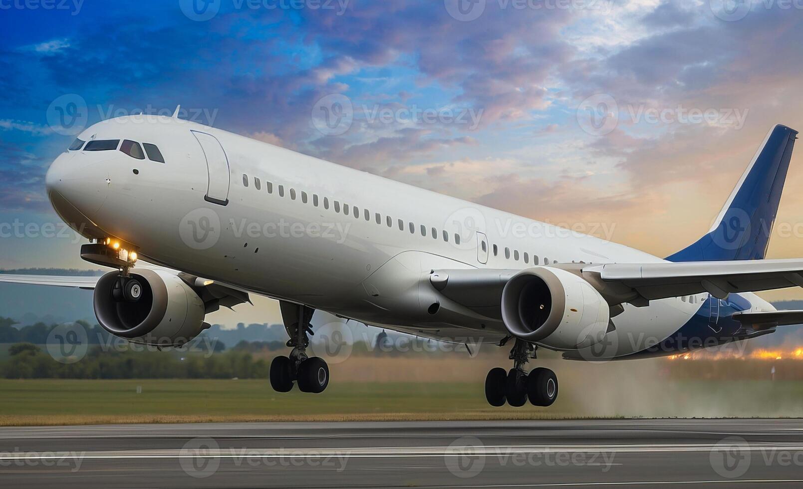 ai gegenereerd vlak uittrekken Bij de luchthaven Bij zonsondergang met passagiers en toeristen gaan Aan vakantie foto