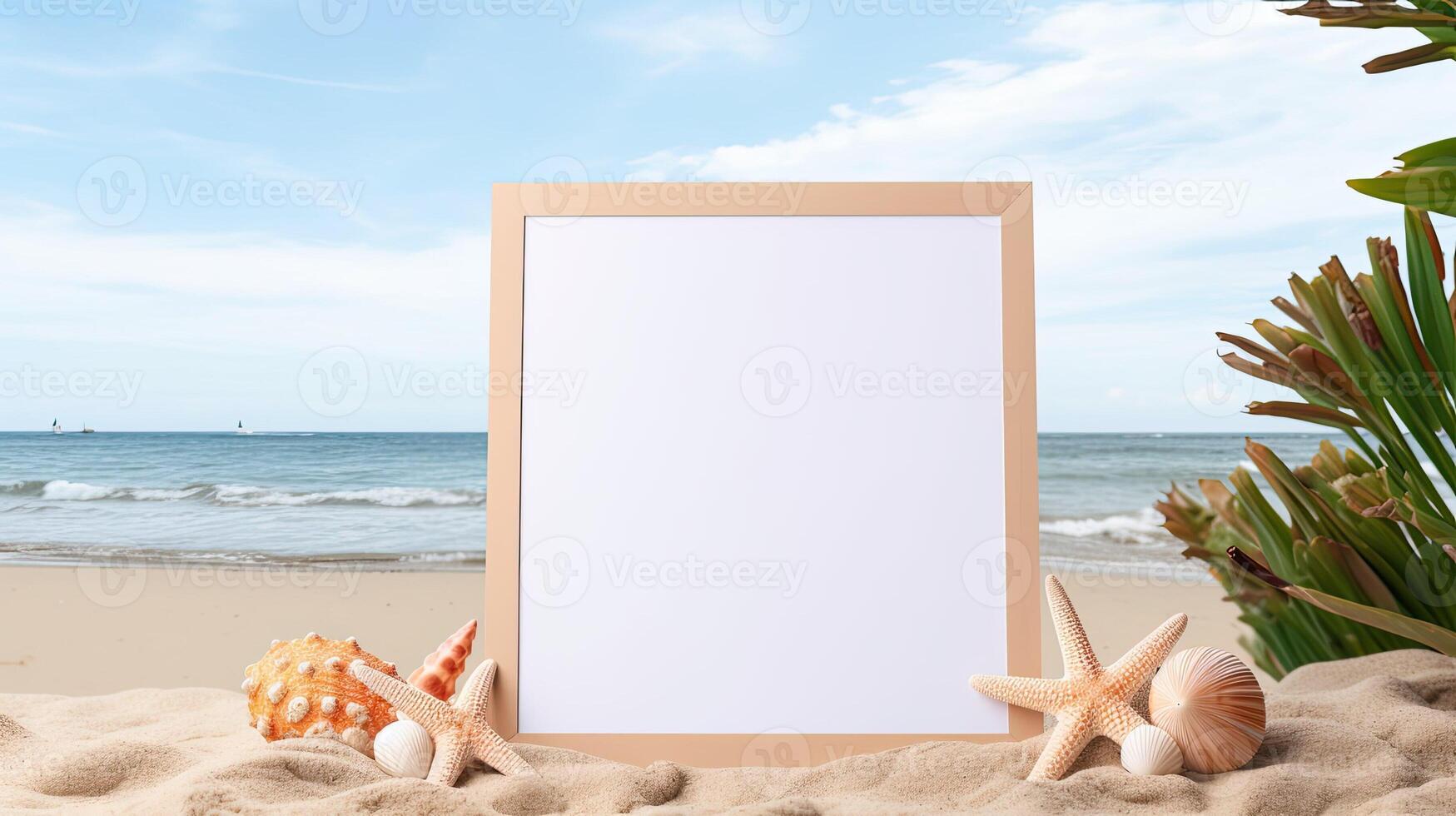 ai gegenereerd leeg foto kader Aan een strand achtergrond met zand. ai gegenereerd. een mockup van de kustlijn landschap. natuurlijk bedrijf sjabloon voor vakanties en zonnig strand vakantie