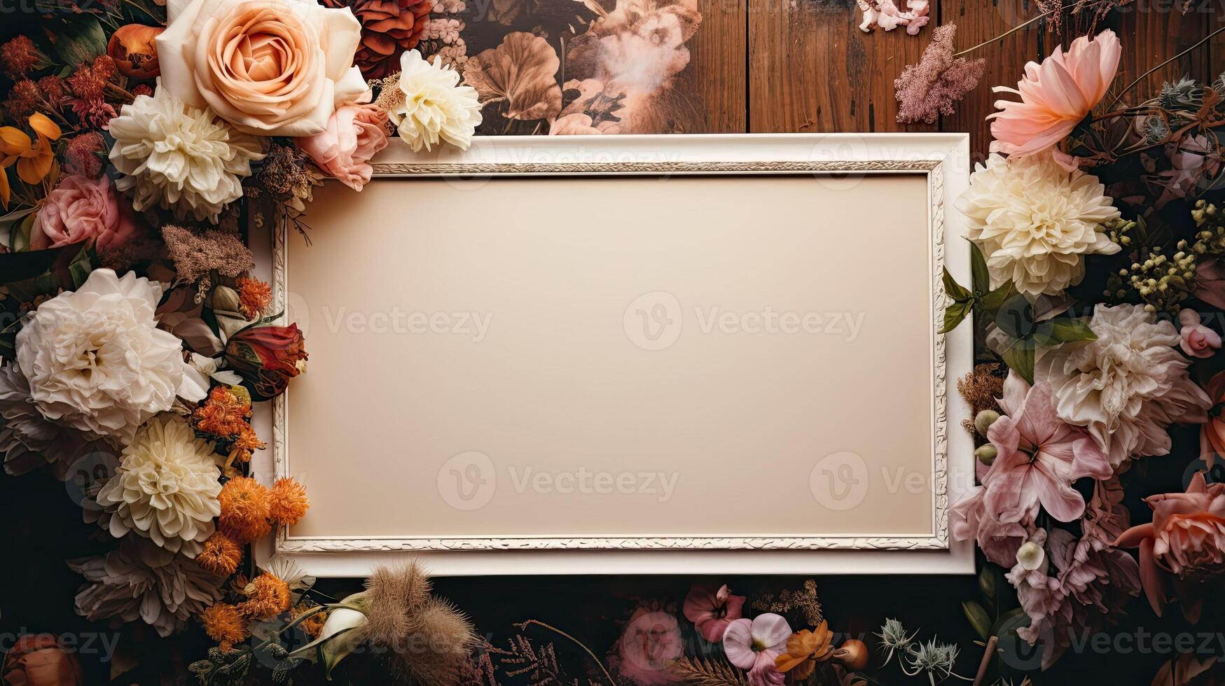 ai gegenereerd leeg foto kader Aan een donker achtergrond met bloemen. mockup in een klassiek stijl. natuurlijk bedrijf sjabloon. ai gegenereerd