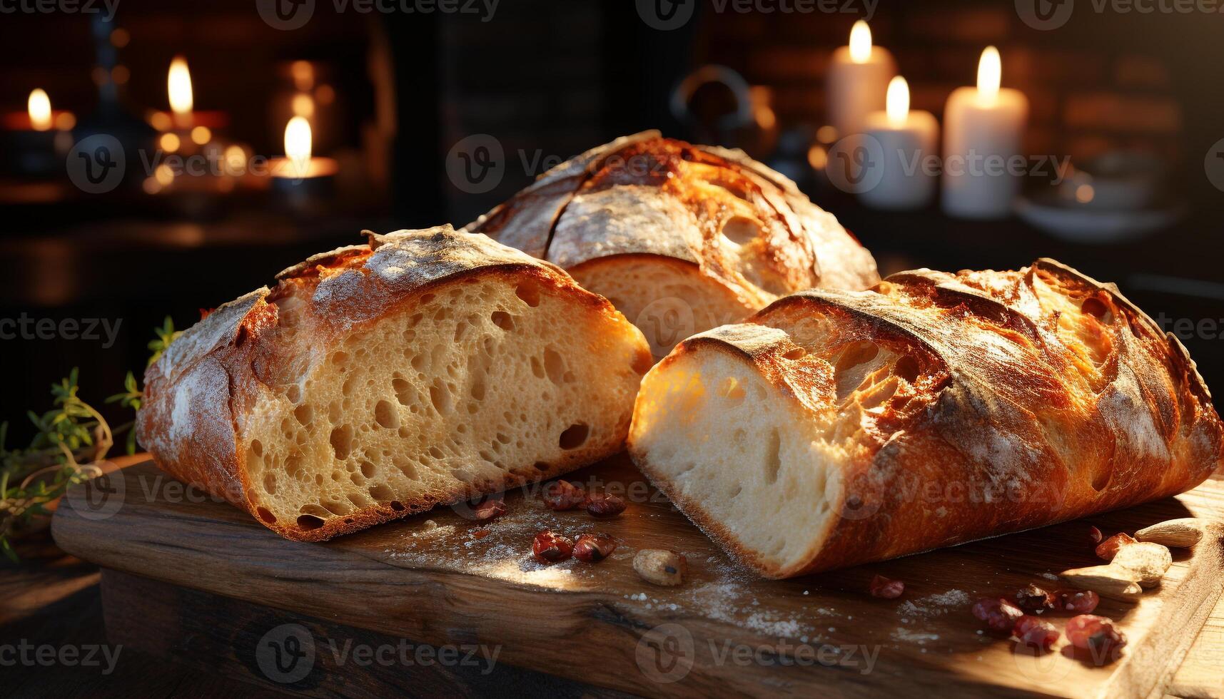 ai gegenereerd vers gebakken brood Aan een rustiek houten tafel, kaars flikkeren dichtbij gegenereerd door ai foto