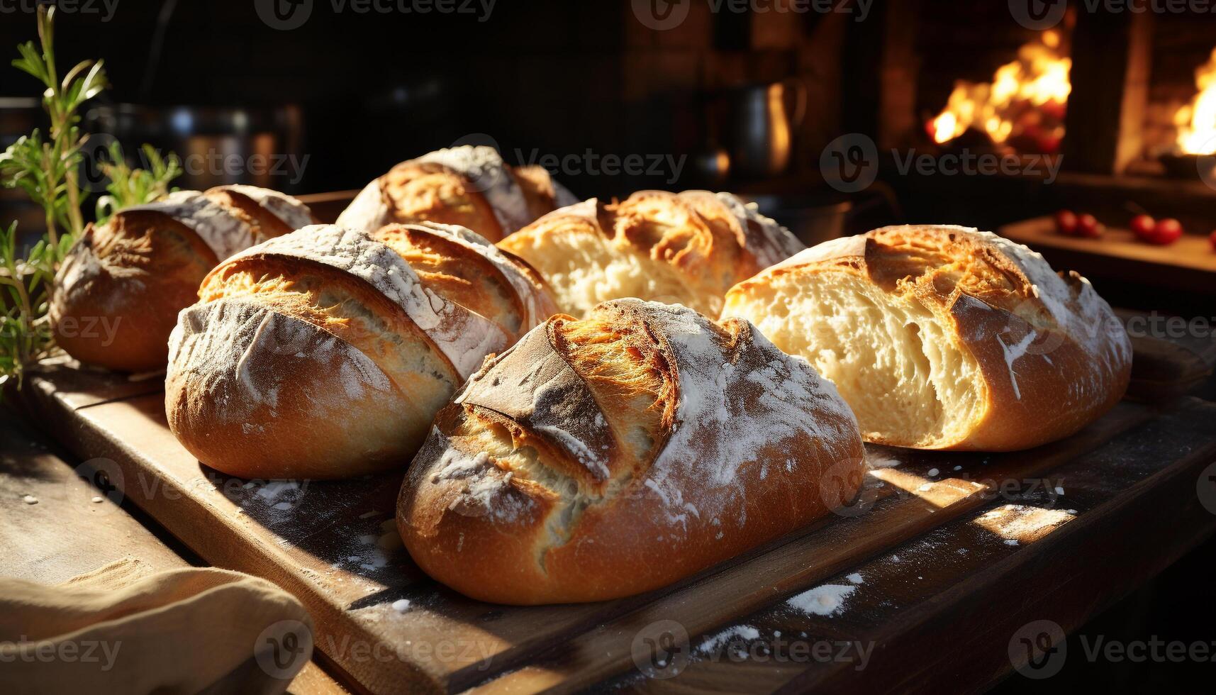 ai gegenereerd vers gebakken brood Aan een rustiek tafel, een eigengemaakt fijnproever maaltijd gegenereerd door ai foto