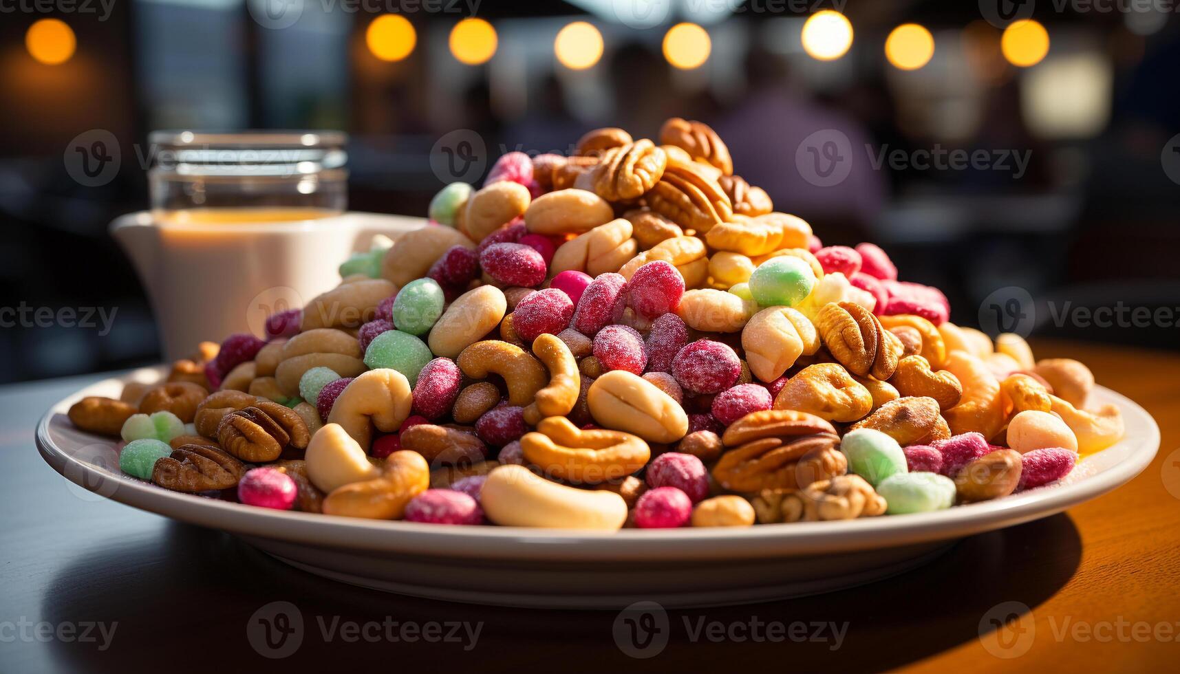 ai gegenereerd fijnproever toetje tussendoortje binnenshuis, zoet voedsel versheid Aan tafel gegenereerd door ai foto