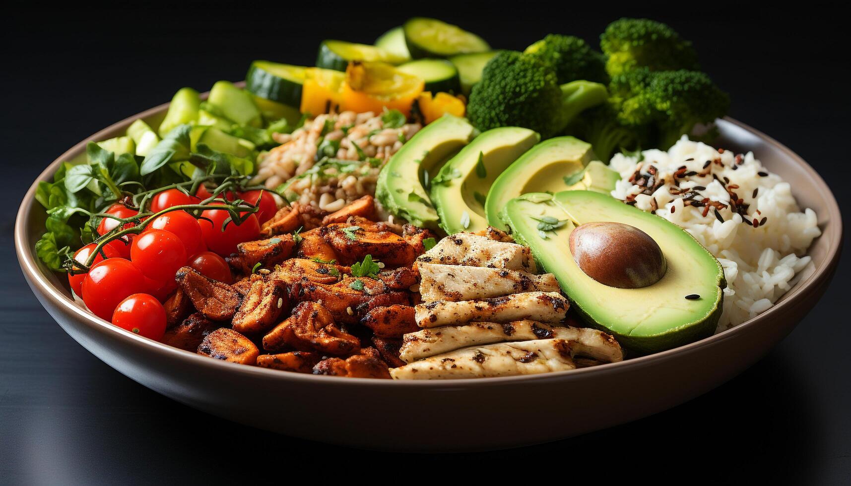 ai gegenereerd gezond aan het eten vers, biologisch salade met gegrild vlees en groenten gegenereerd door ai foto