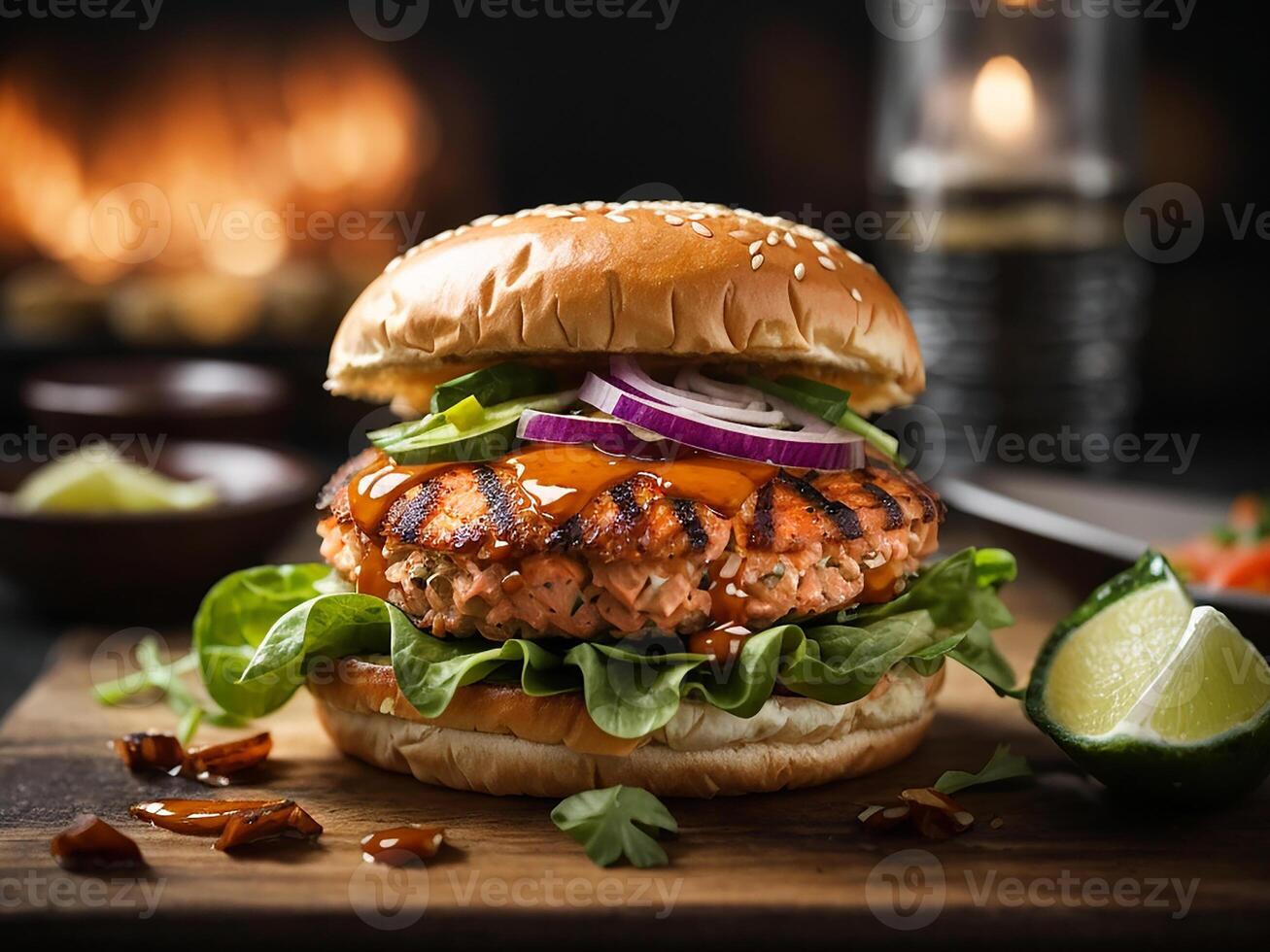 ai gegenereerd gegrild Zalm hamburger met bbq saus Aan een houten snijdend bord foto