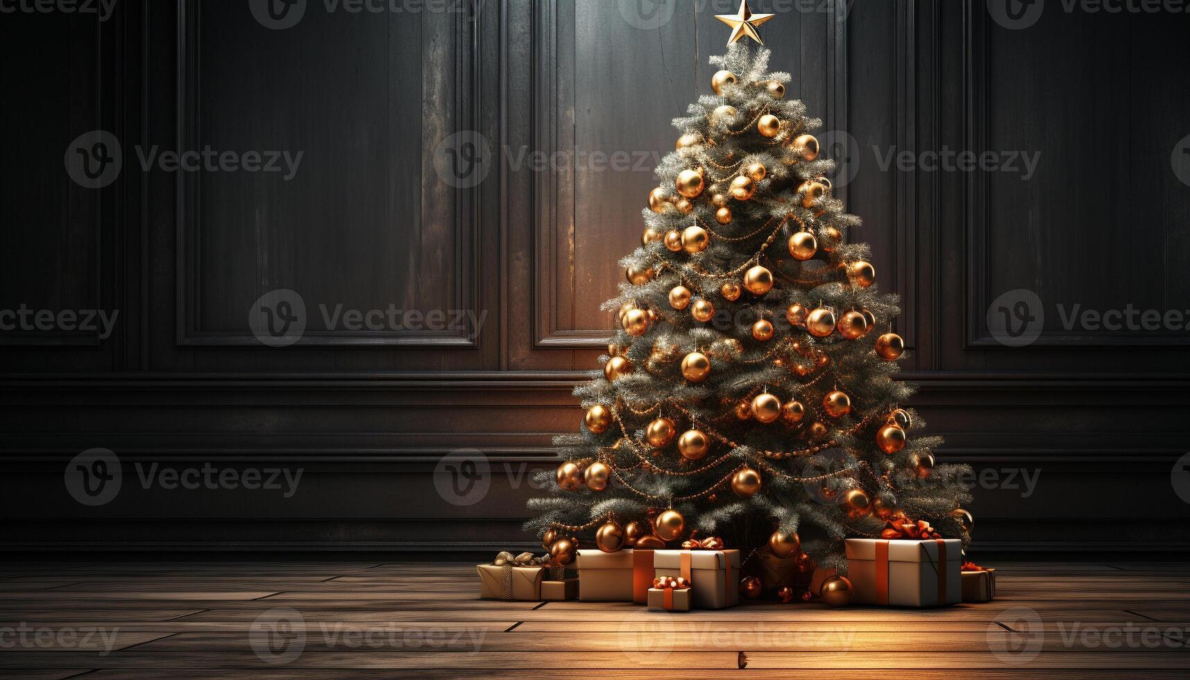 ai gegenereerd knus winter viering met verlichte Kerstmis boom en glimmend cadeaus gegenereerd door ai foto