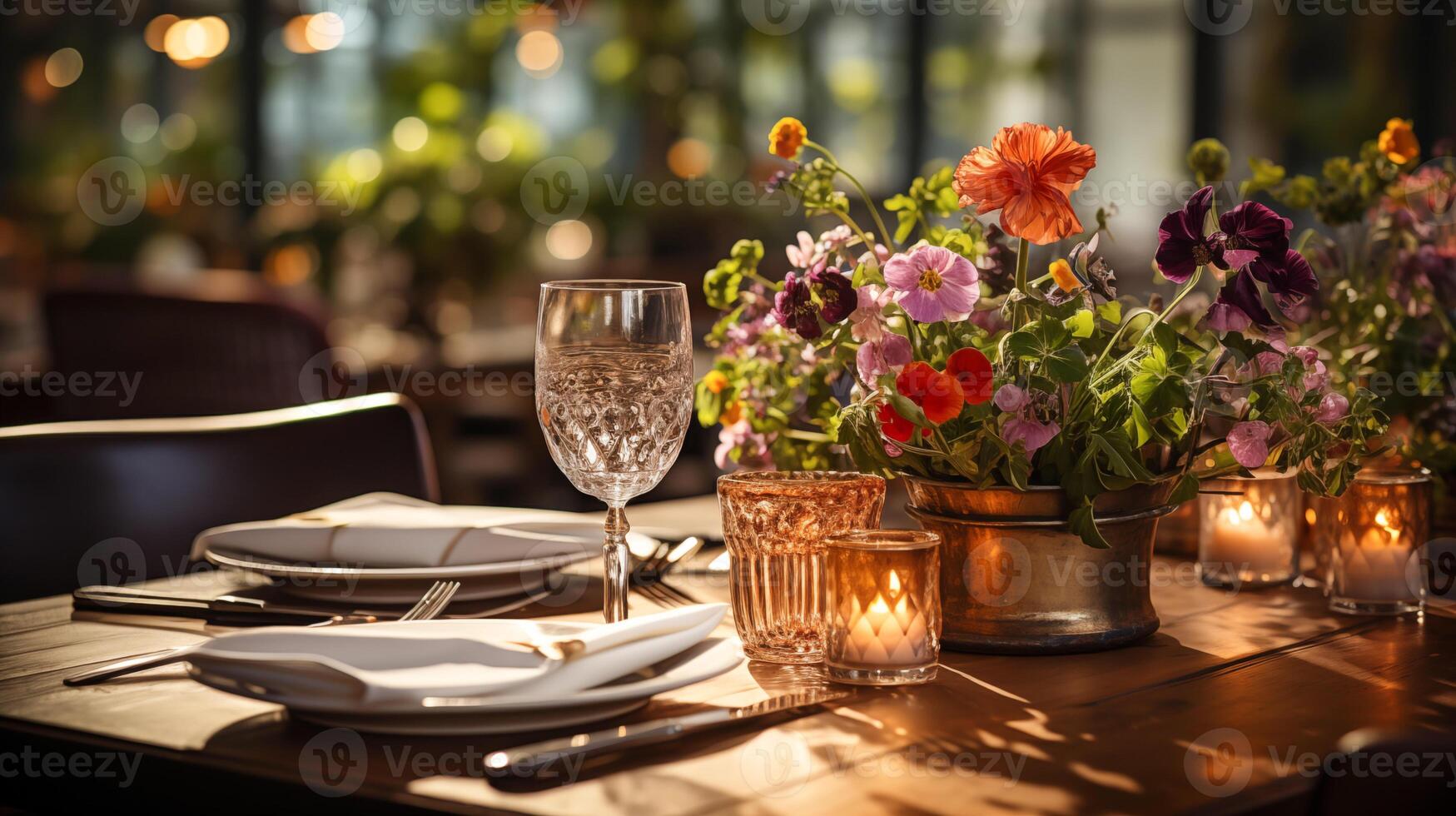 ai gegenereerd tafel instelling Bij restaurant, generatief ai beeld van vakantie avondeten tafel. foto