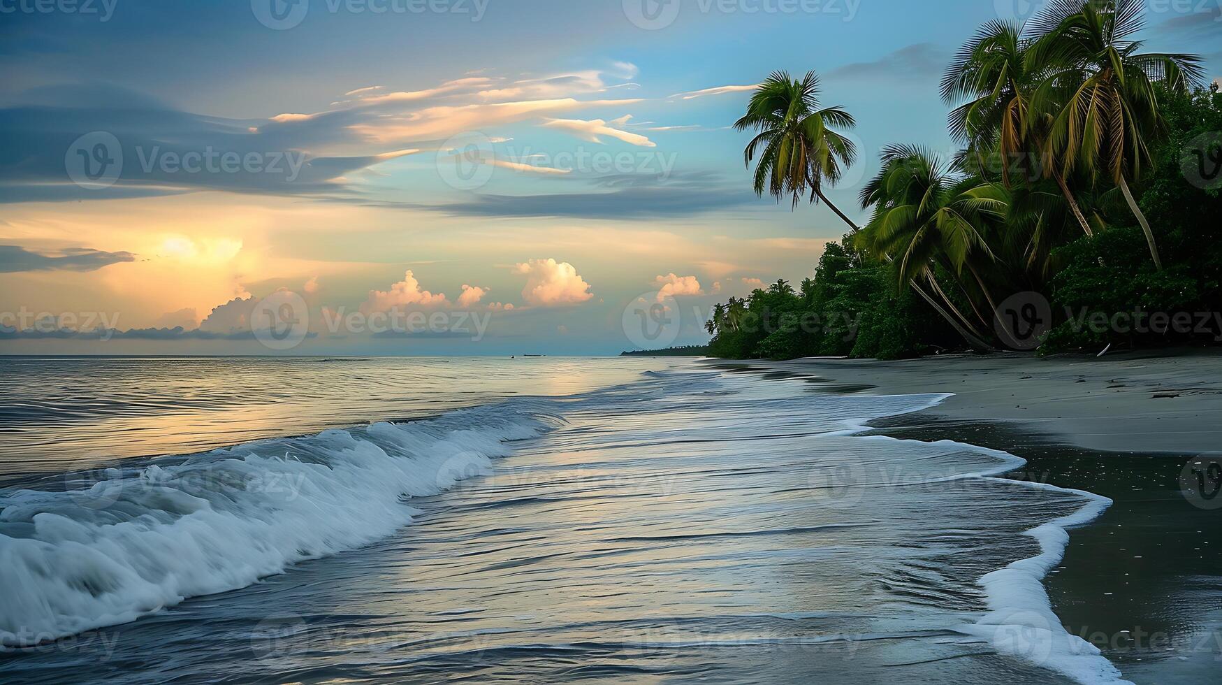 ai gegenereerd strand met palm bomen en inkomend golven. generatief ai. foto