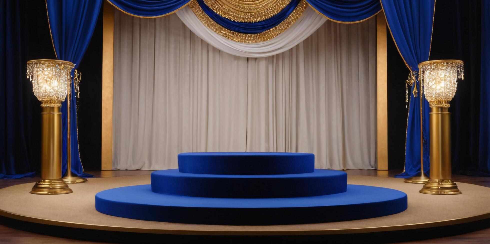 ai gegenereerd gouden ronde podium met luxueus Koninklijk blauw achtergrond voor Scherm ai gegenereerd foto