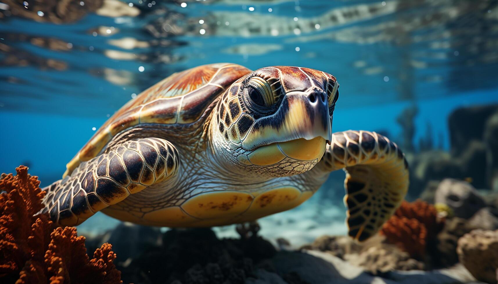 ai gegenereerd een schattig zee schildpad zwemmen in de blauw onderwater- gegenereerd door ai foto