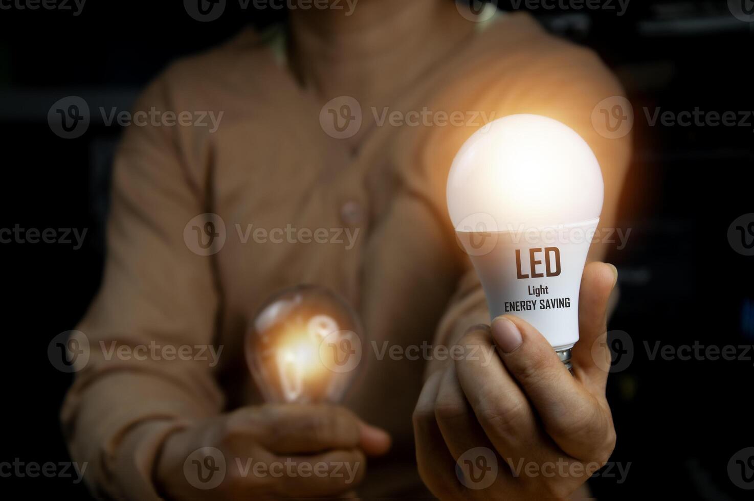 de concept van kiezen LED licht bollen zullen helpen opslaan energie. foto