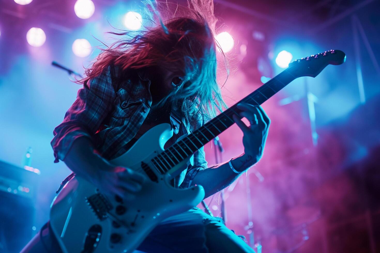 ai gegenereerd mannetje gitarist spelen elektrisch gitaar in de moeilijk muziek- concert bokeh stijl achtergrond met generatief ai foto