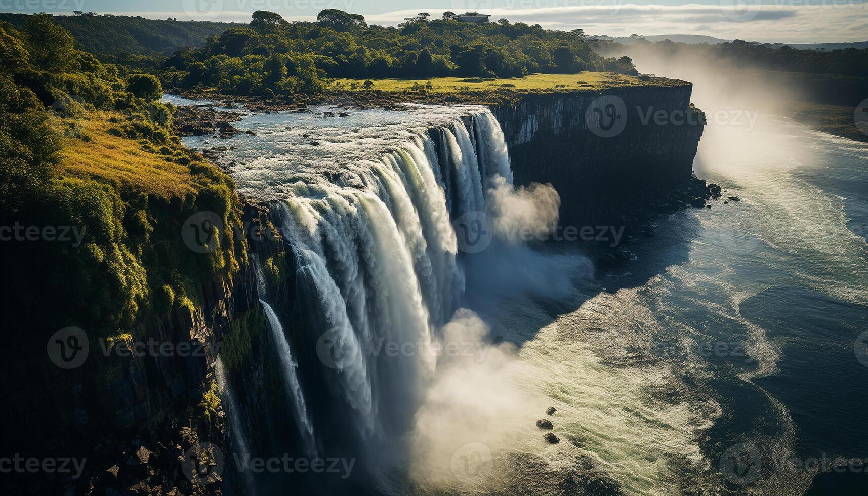 ai gegenereerd majestueus waterval stromen over- klif in tropisch regenwoud, adembenemend schoonheid gegenereerd door ai foto