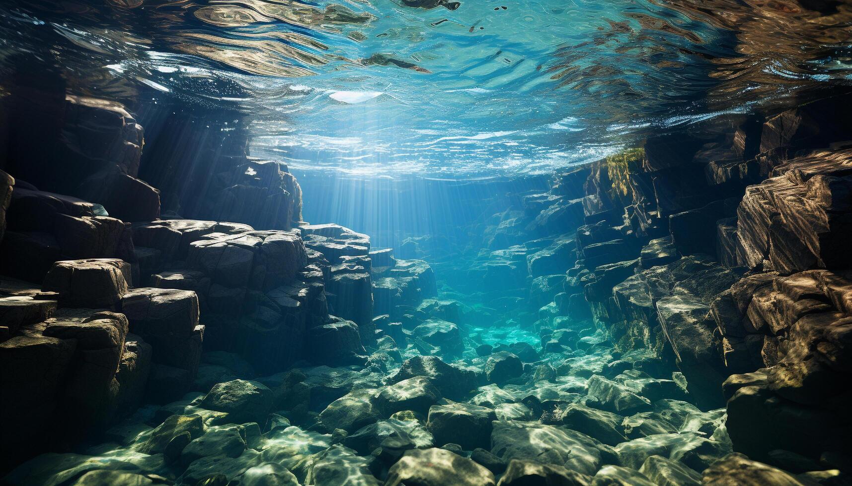 ai gegenereerd onderwater- avontuur vis zwemmen hieronder transparant blauw water gegenereerd door ai foto