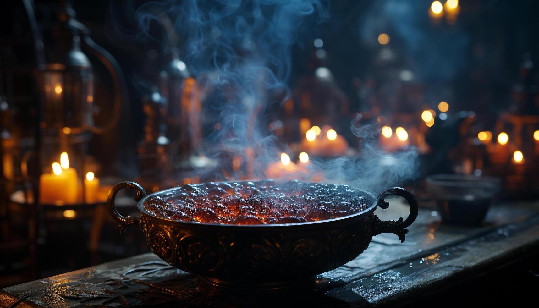 ai gegenereerd brandend kaars verlicht donker tafel, Koken maaltijd binnenshuis gegenereerd door ai foto