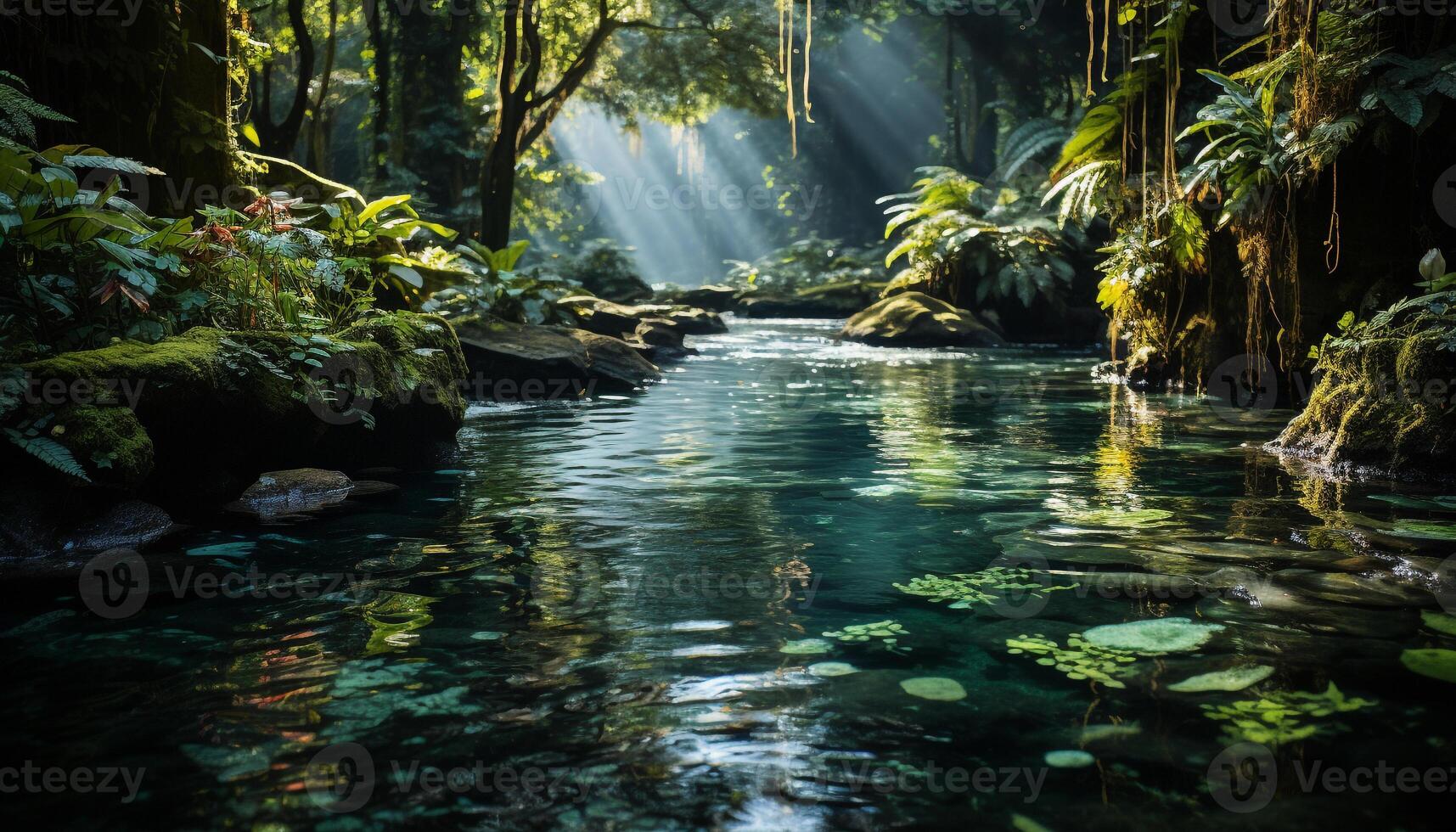 ai gegenereerd rustig tafereel groen Woud, vloeiende water, reflecterend zonlicht, natuur schoonheid gegenereerd door ai foto