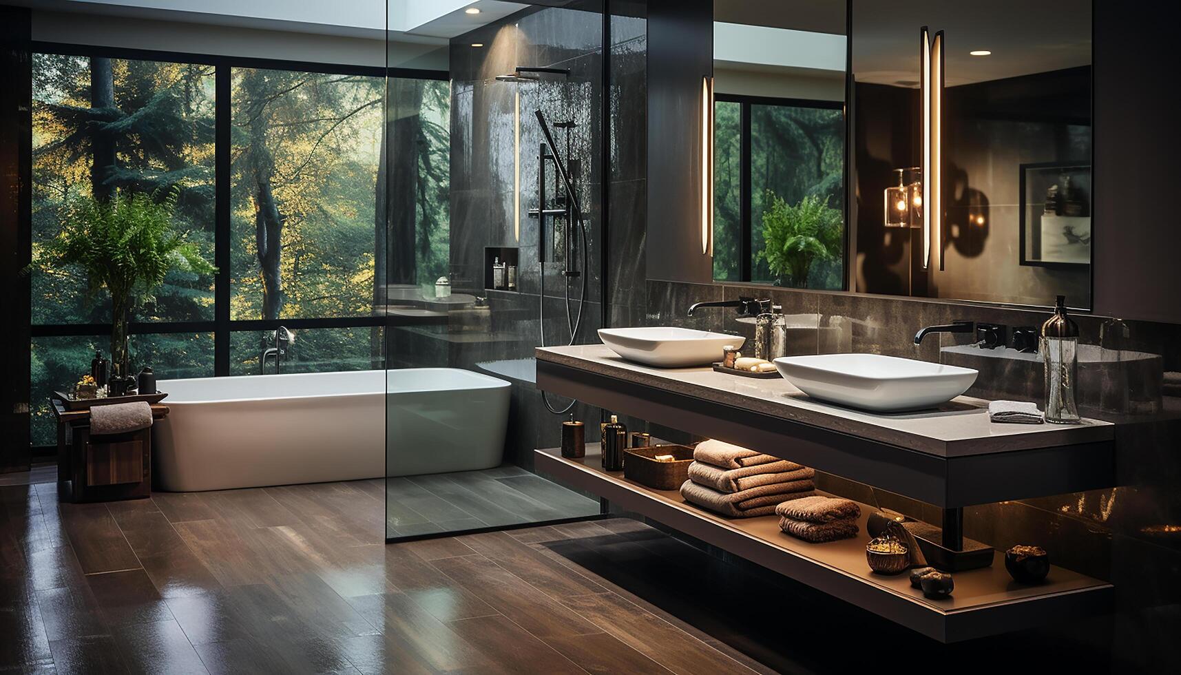 ai gegenereerd modern huiselijk badkamer met elegant wasbak, schoon glas douche, en marmeren vloeren gegenereerd door ai foto