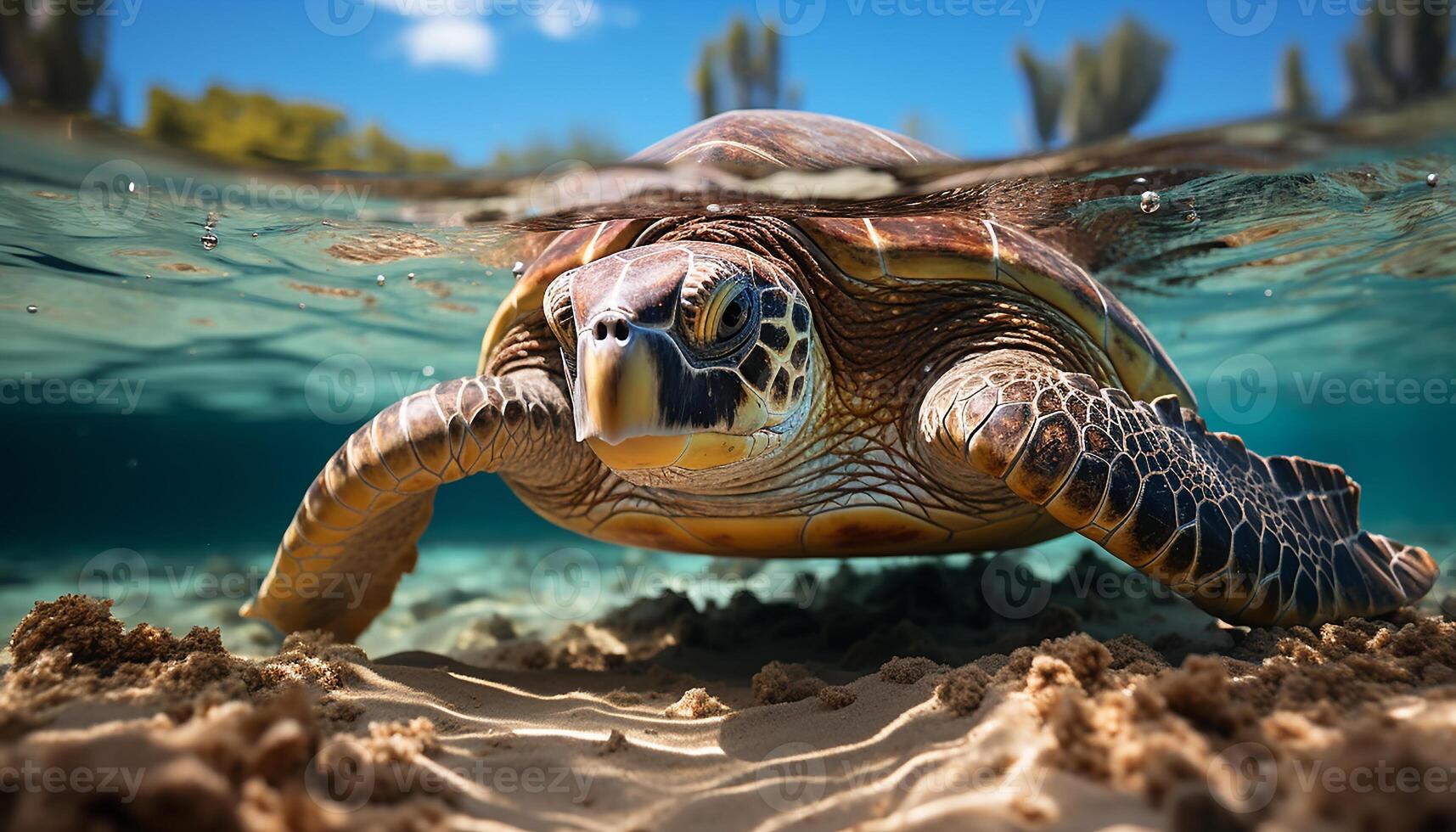 ai gegenereerd onderwater- schildpad zwemmen in blauw zee, omringd door tropisch schoonheid gegenereerd door ai foto