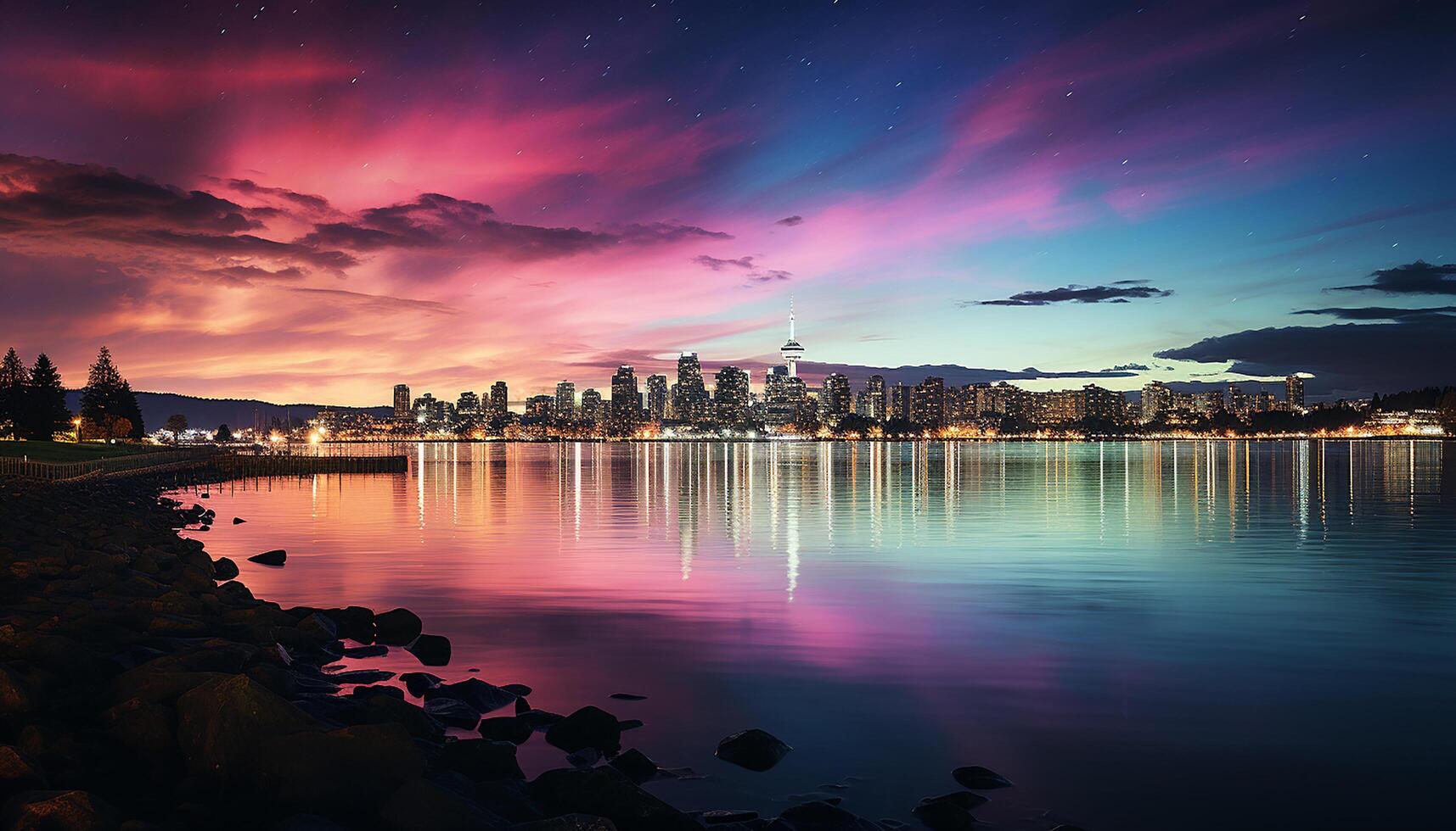 ai gegenereerd stad horizon weerspiegelt in rustig water Bij schemer gegenereerd door ai foto