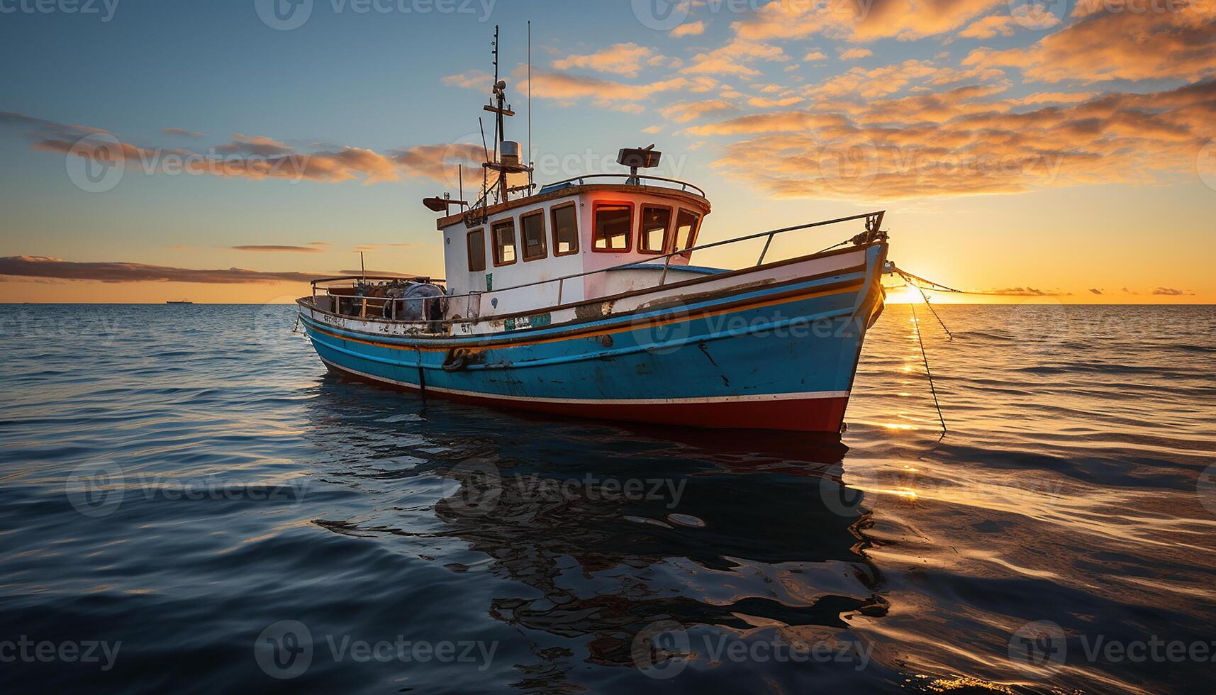 ai gegenereerd rustig zonsondergang Aan de kust, visvangst boot weerspiegelt nautische schoonheid gegenereerd door ai foto