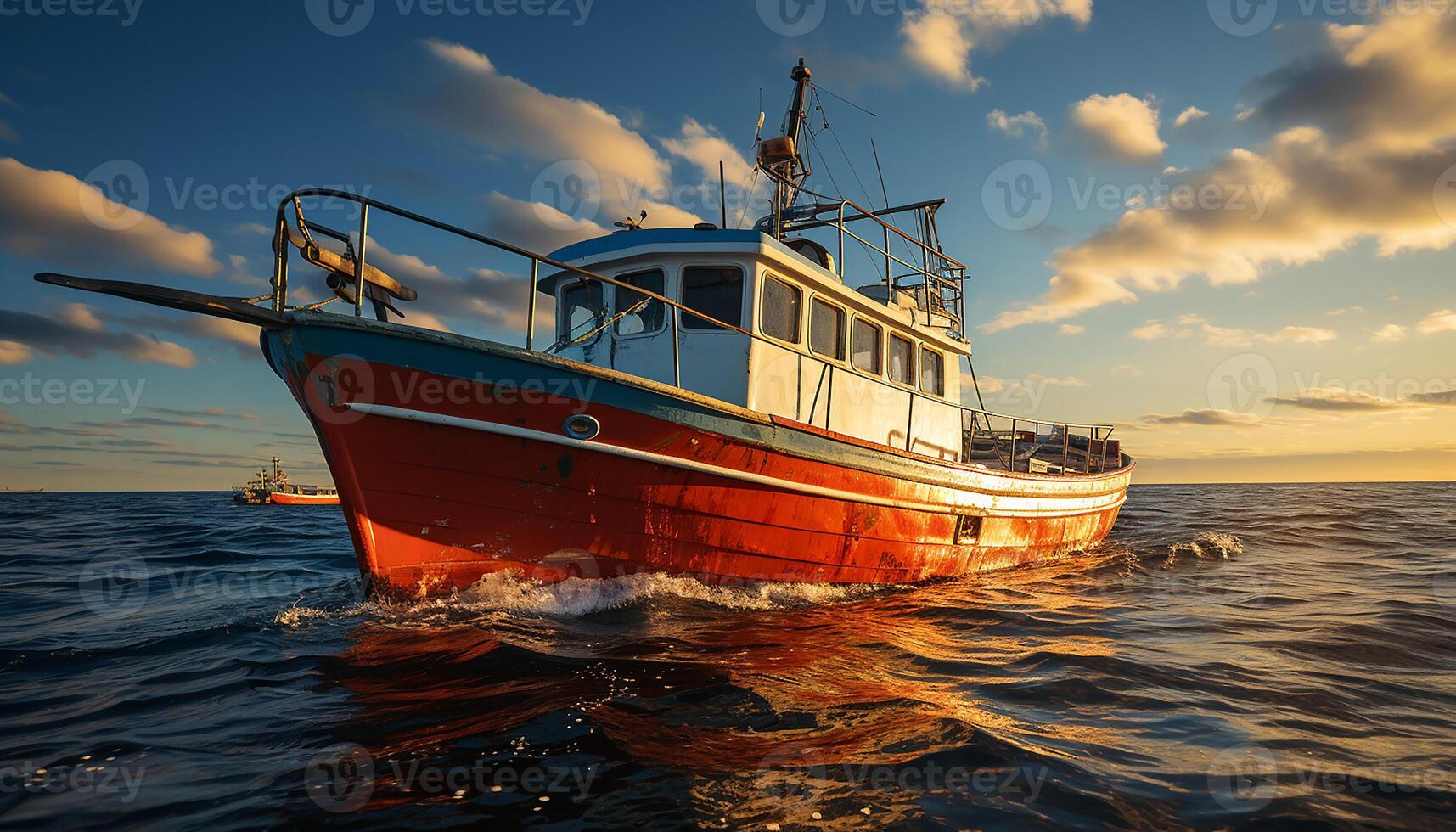 ai gegenereerd zonsondergang over- rustig zeegezicht, jacht zeilen naar afgemeerd visvangst boot gegenereerd door ai foto