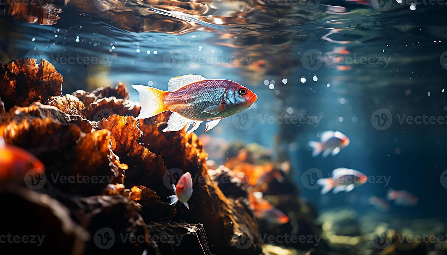 ai gegenereerd levendig onderwater- rif vitrines kleurrijk vis zwemmen in natuur gegenereerd door ai foto