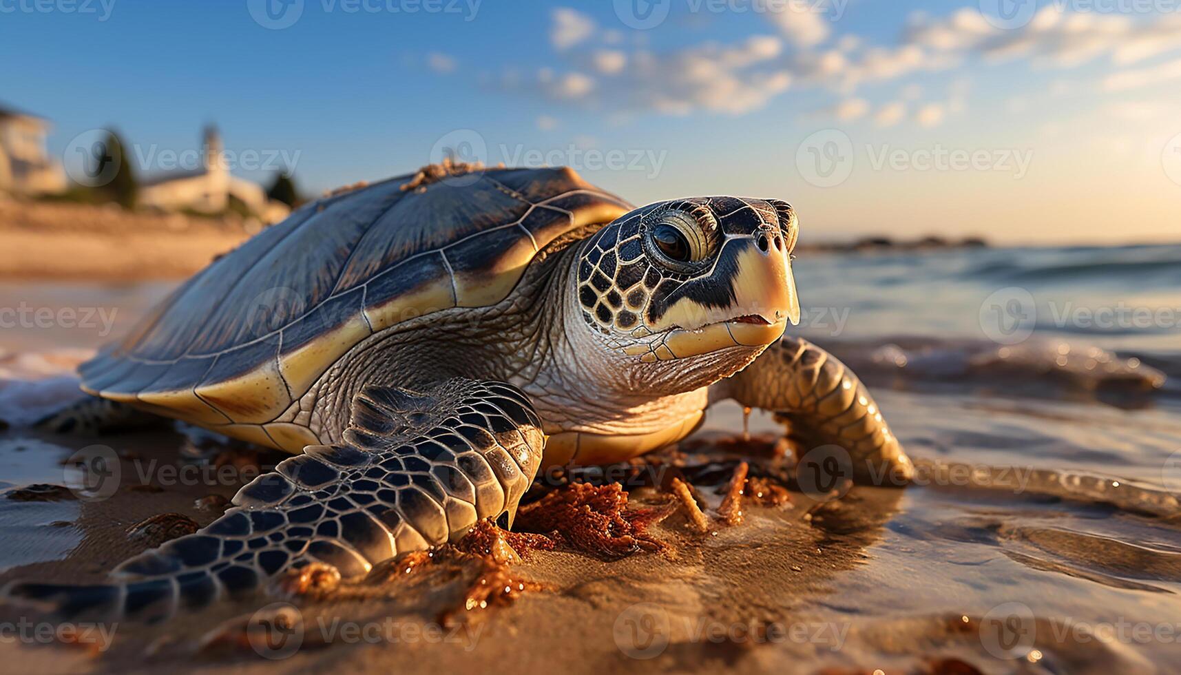 ai gegenereerd schattig schildpad kruipen Aan zand, genieten van de tropisch kustlijn gegenereerd door ai foto