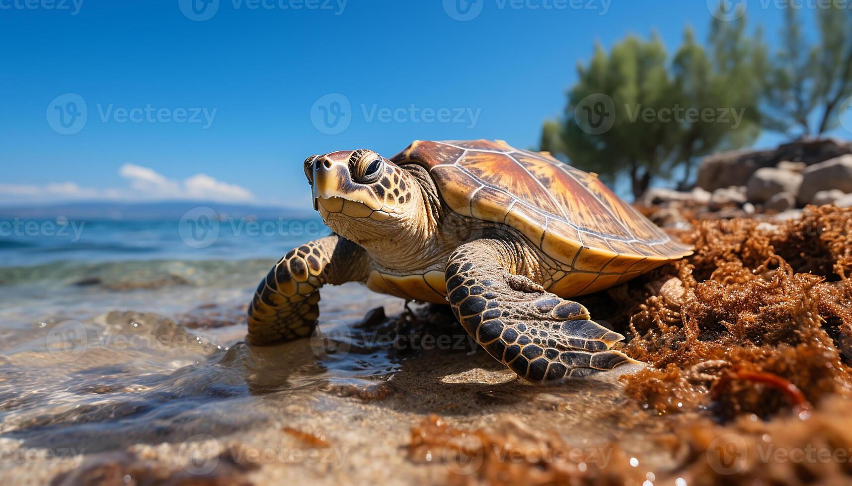 ai gegenereerd schildpad kruipt langzaam Aan zand, genieten van mooi tropisch kustlijn gegenereerd door ai foto