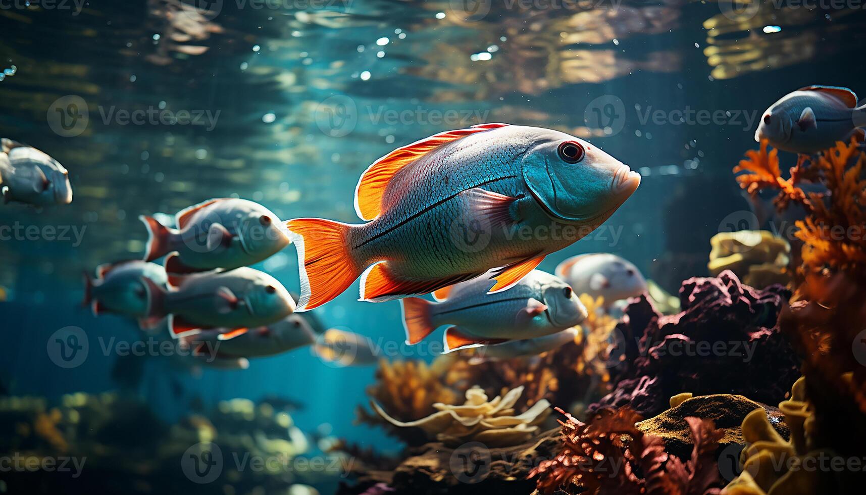 ai gegenereerd onderwater- natuur kleurrijk vis zwemmen in een tropisch rif gegenereerd door ai foto