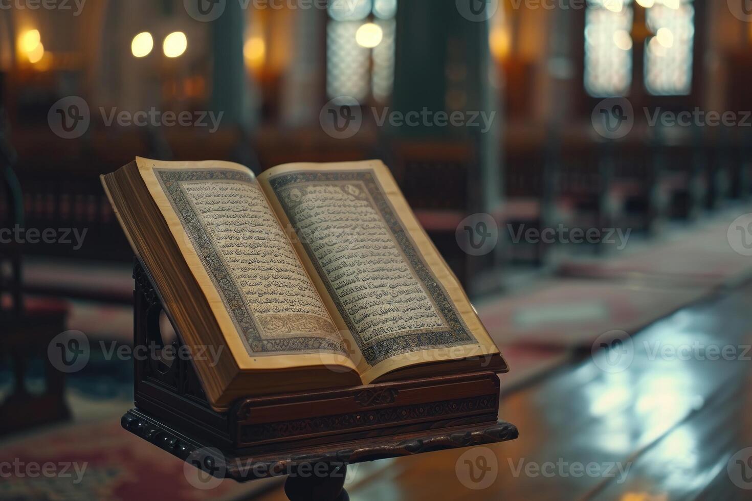 ai gegenereerd koran, heilig boek van Islam in moskee. generatief ai foto