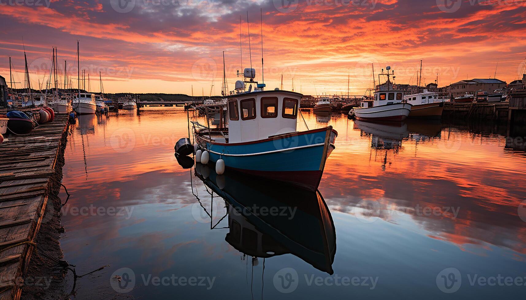 ai gegenereerd zonsondergang over- rustig kustlijn, visvangst boot afgemeerd Bij reclame dok gegenereerd door ai foto