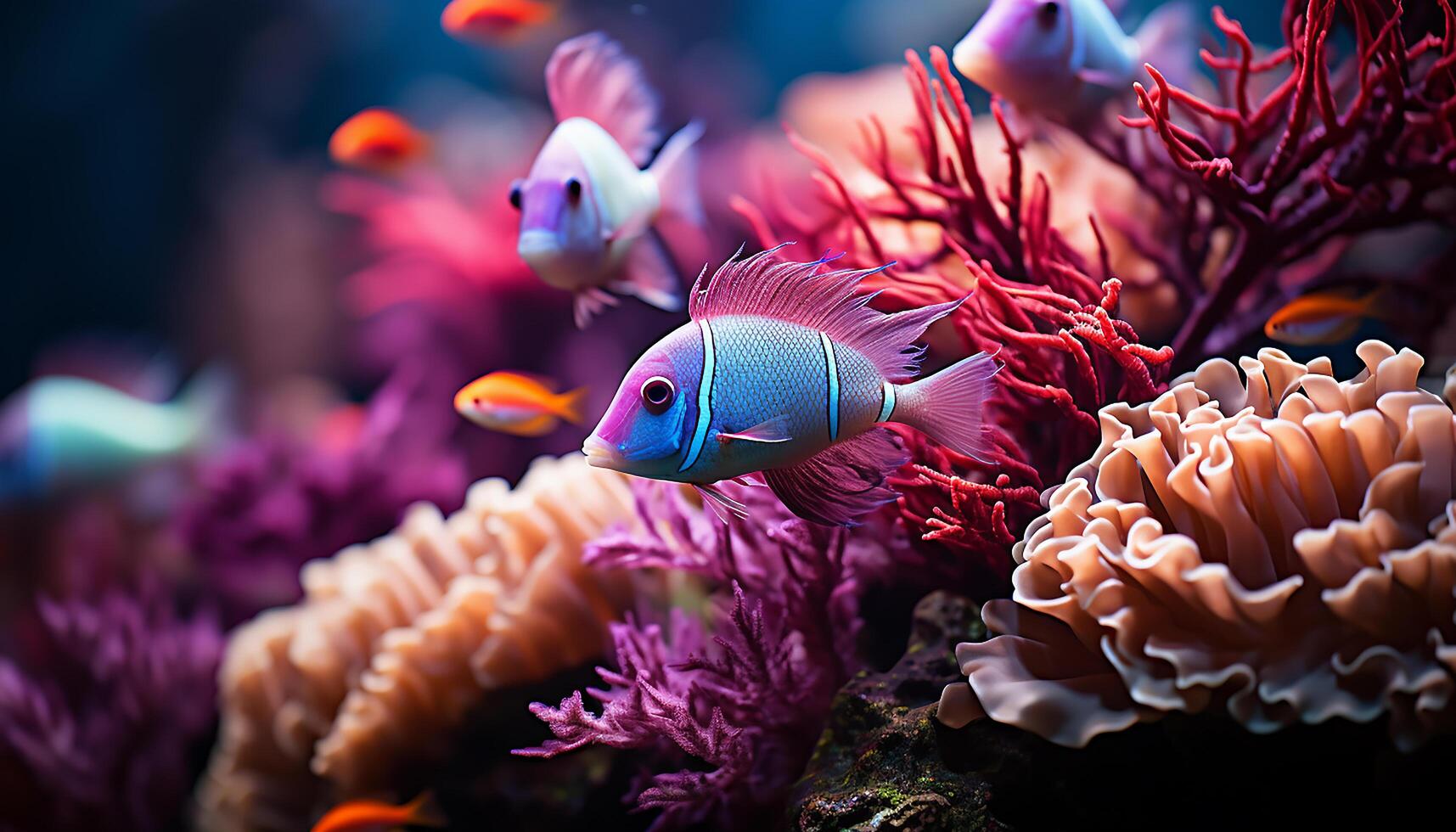 ai gegenereerd onderwater- vis in natuur, multi gekleurde koraal, zwemmen in blauw zee gegenereerd door ai foto