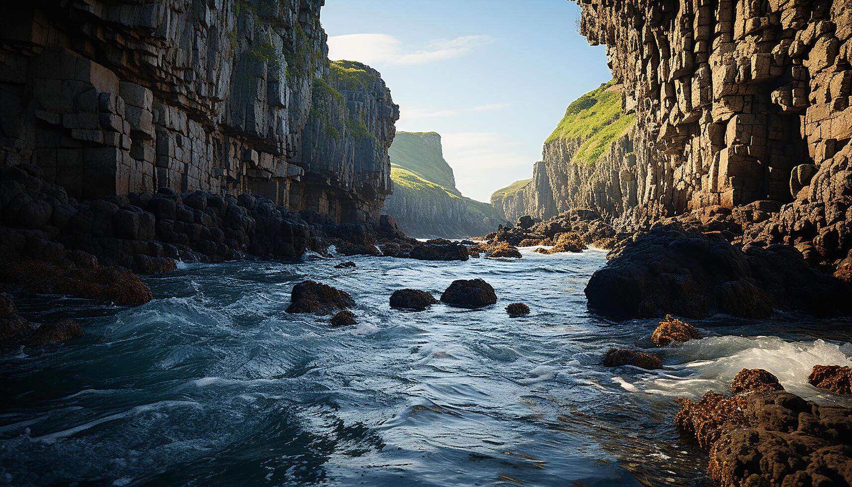 ai gegenereerd majestueus rots formaties creëren een idyllisch landschap door de kust gegenereerd door ai foto