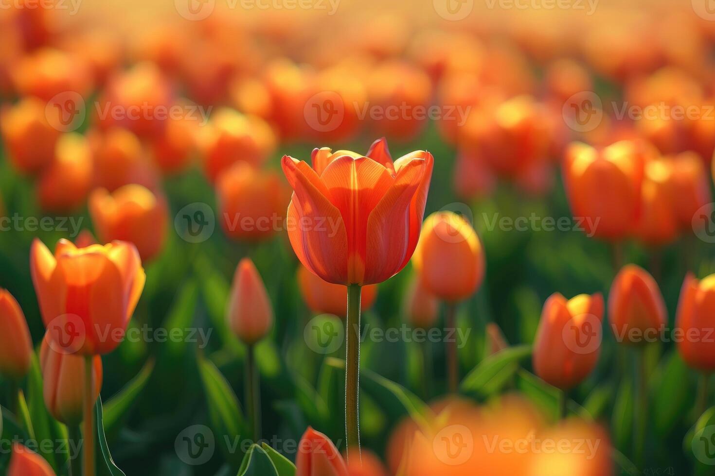 ai gegenereerd oranje tulp, staand in de centrum van een groot groep van tulpen in voorkant van een groen veld, in de stijl van romantisch zacht focus en etherisch licht. selectief focus. generatief ai foto