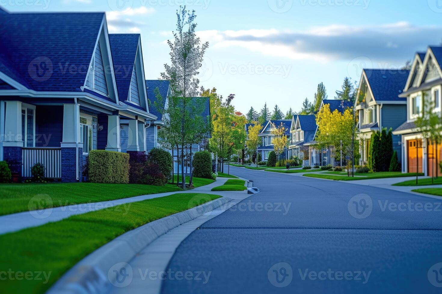 ai gegenereerd straat van buitenwijk huizen, selectief focus. generatief ai foto