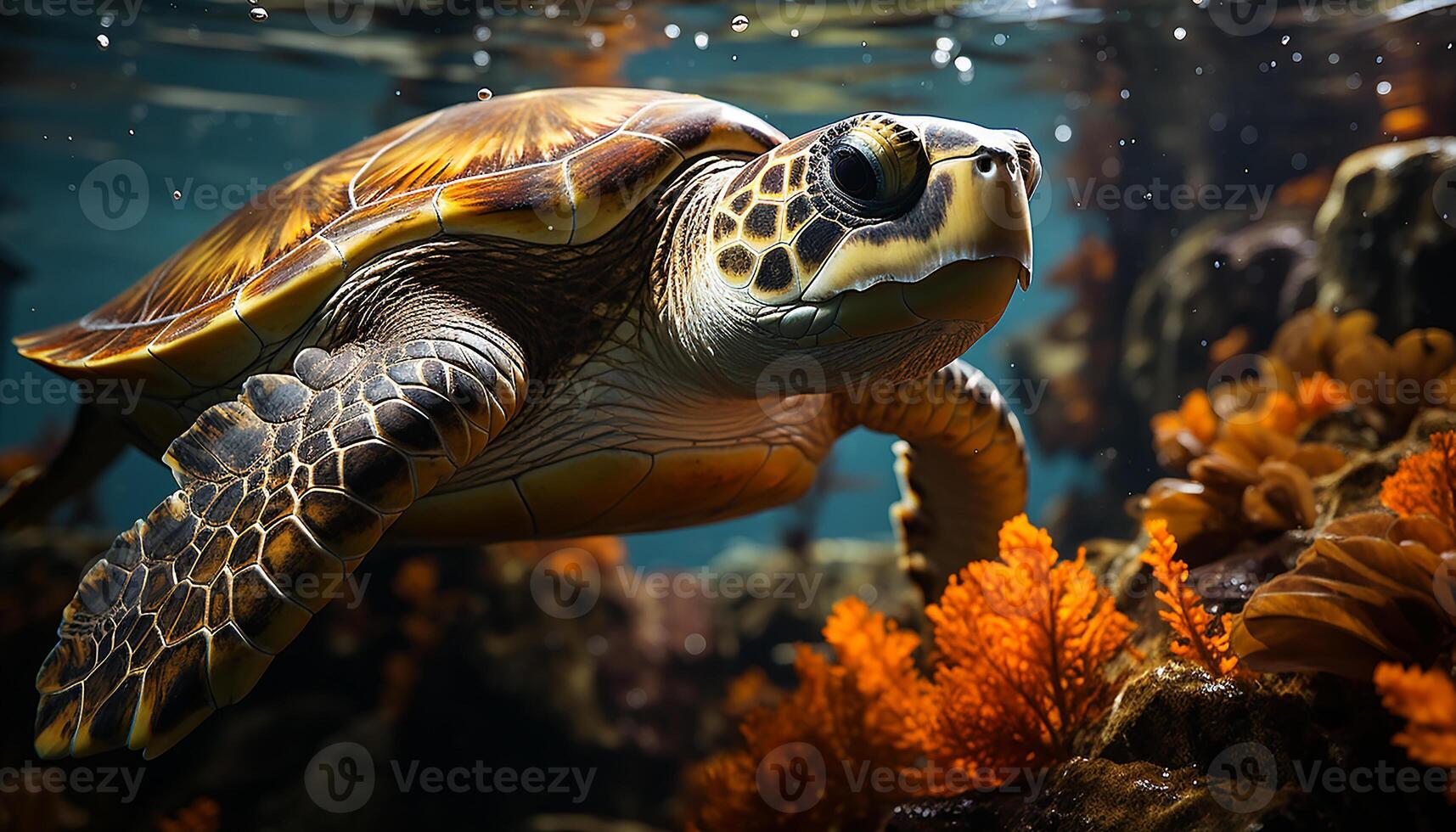 ai gegenereerd mooi onderwater- natuur dichtbij omhoog van een multi gekleurde zee schildpad gegenereerd door ai foto