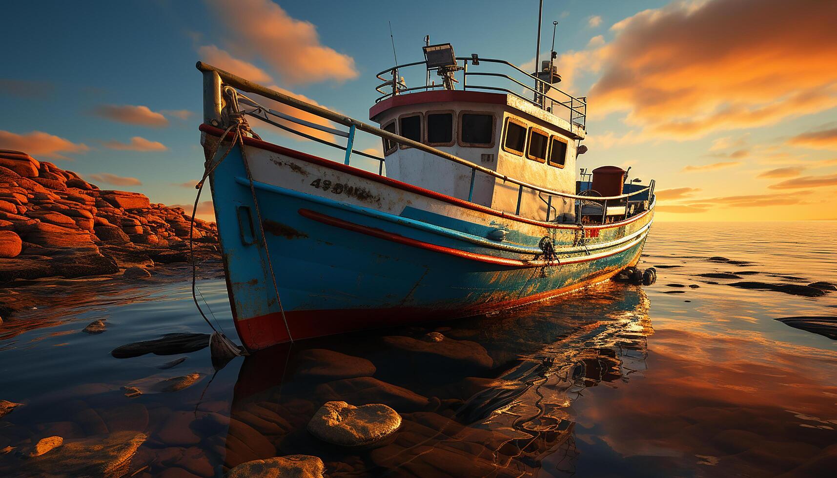 ai gegenereerd visvangst boot zeilen Bij schemering, natuur schoonheid Aan rustig water gegenereerd door ai foto