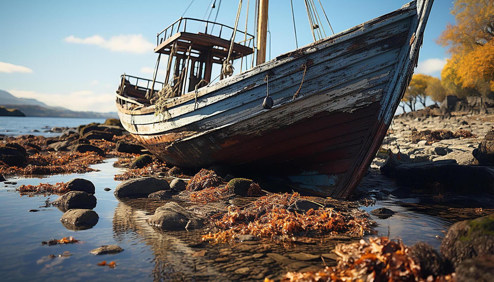 ai gegenereerd verlaten schipbreuk Aan rustig kustlijn, natuur schoonheid in nautische vaartuig gegenereerd door ai foto