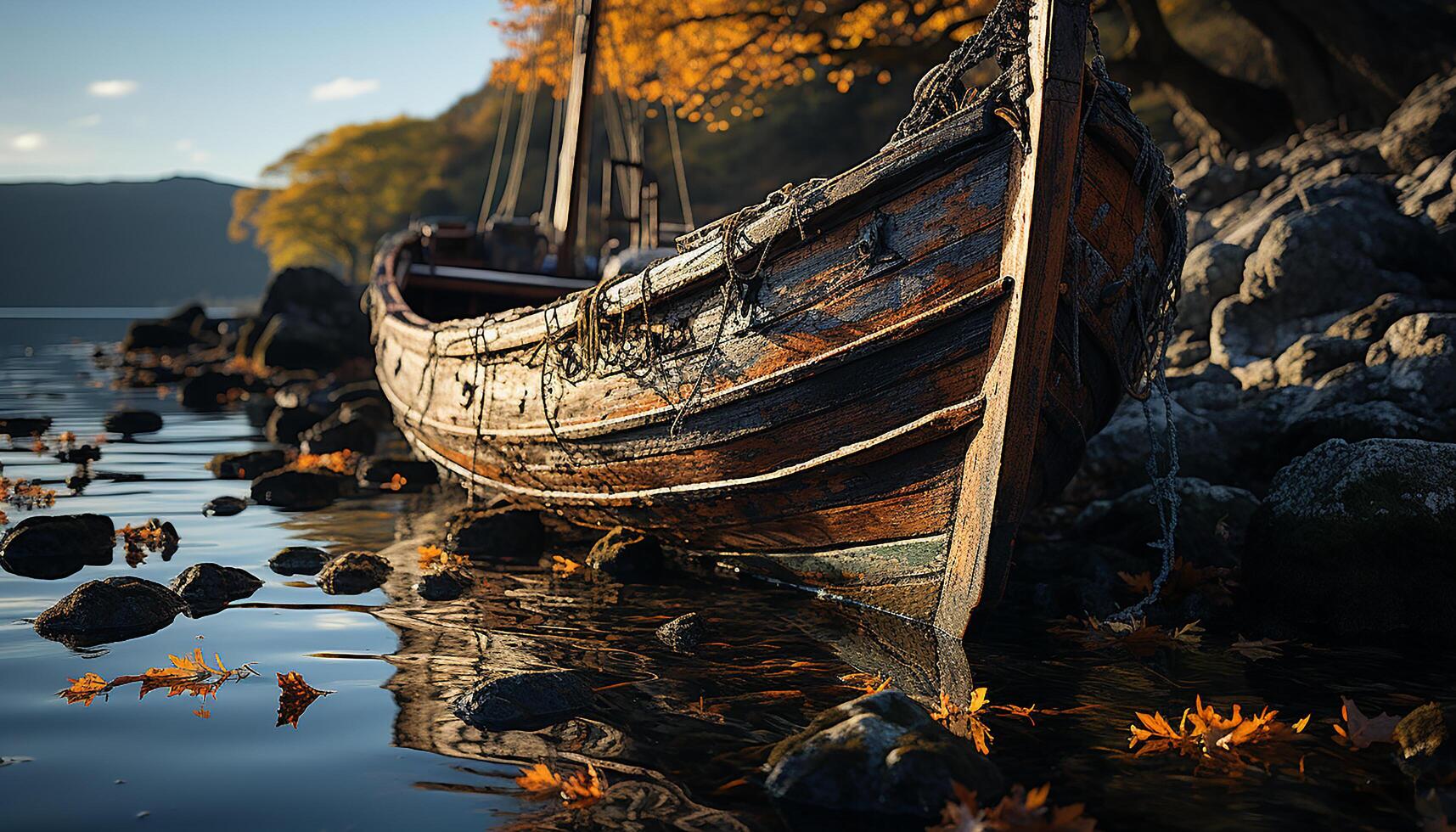 ai gegenereerd rustig herfst zonsondergang weerspiegelt Aan verlaten visvangst boot in Woud gegenereerd door ai foto