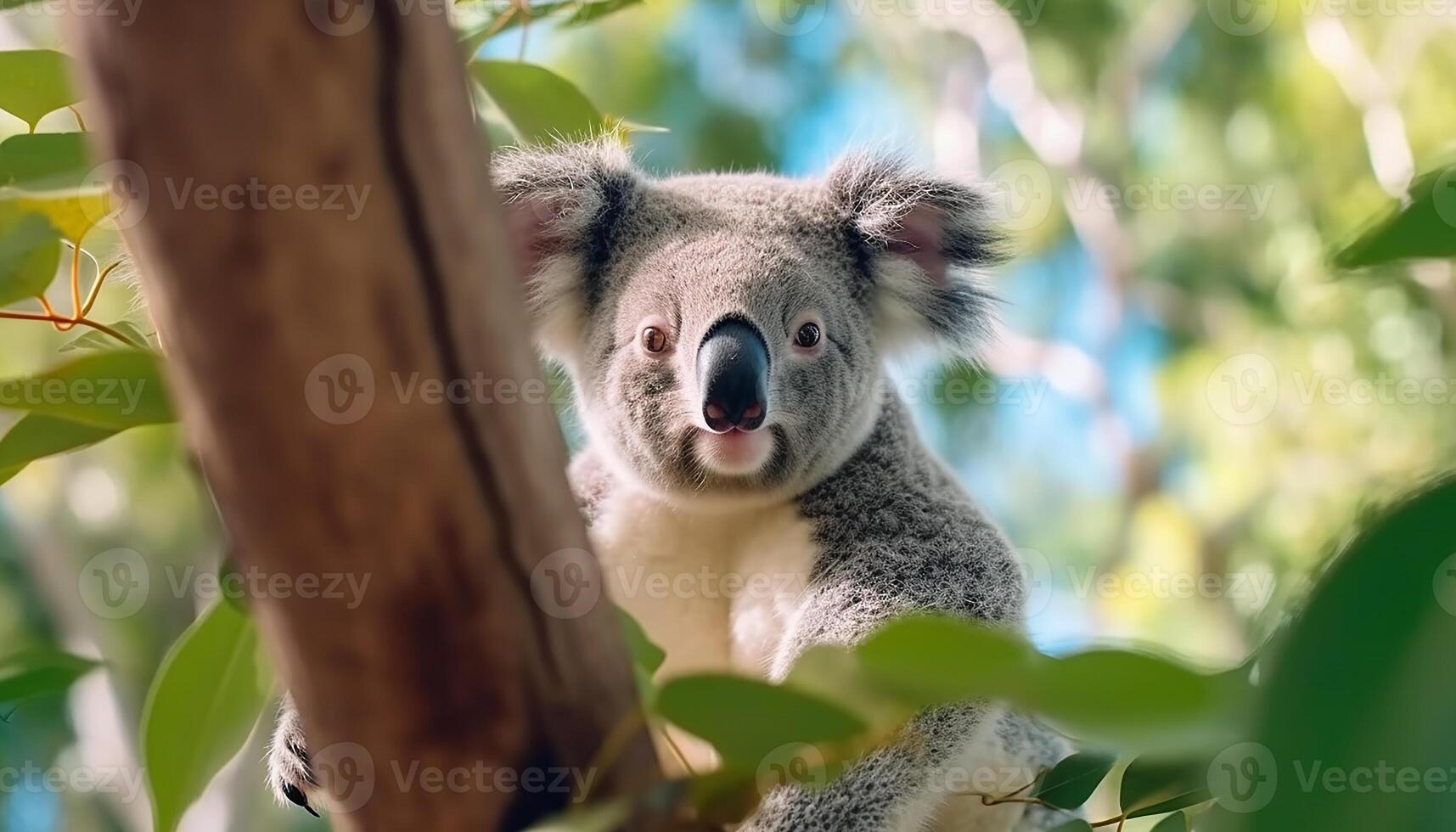 ai gegenereerd schattig koala zittend Aan tak, op zoek Bij camera in Woud gegenereerd door ai foto