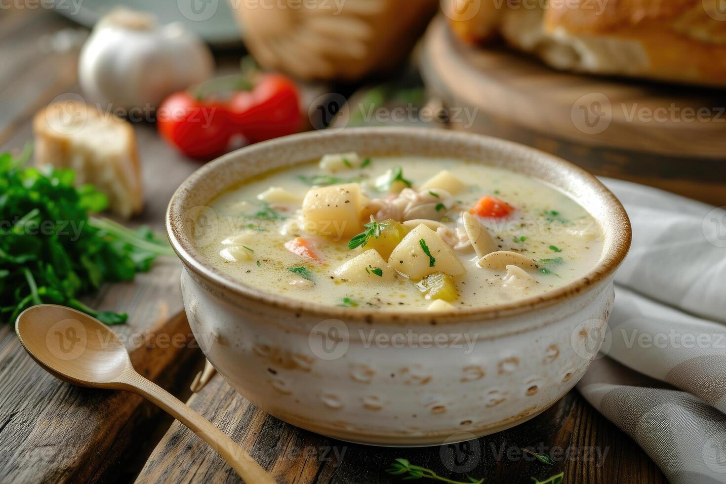 ai gegenereerd nieuw Engeland clam chowder soep wit boerderij keuken achtergrond. generatief ai foto