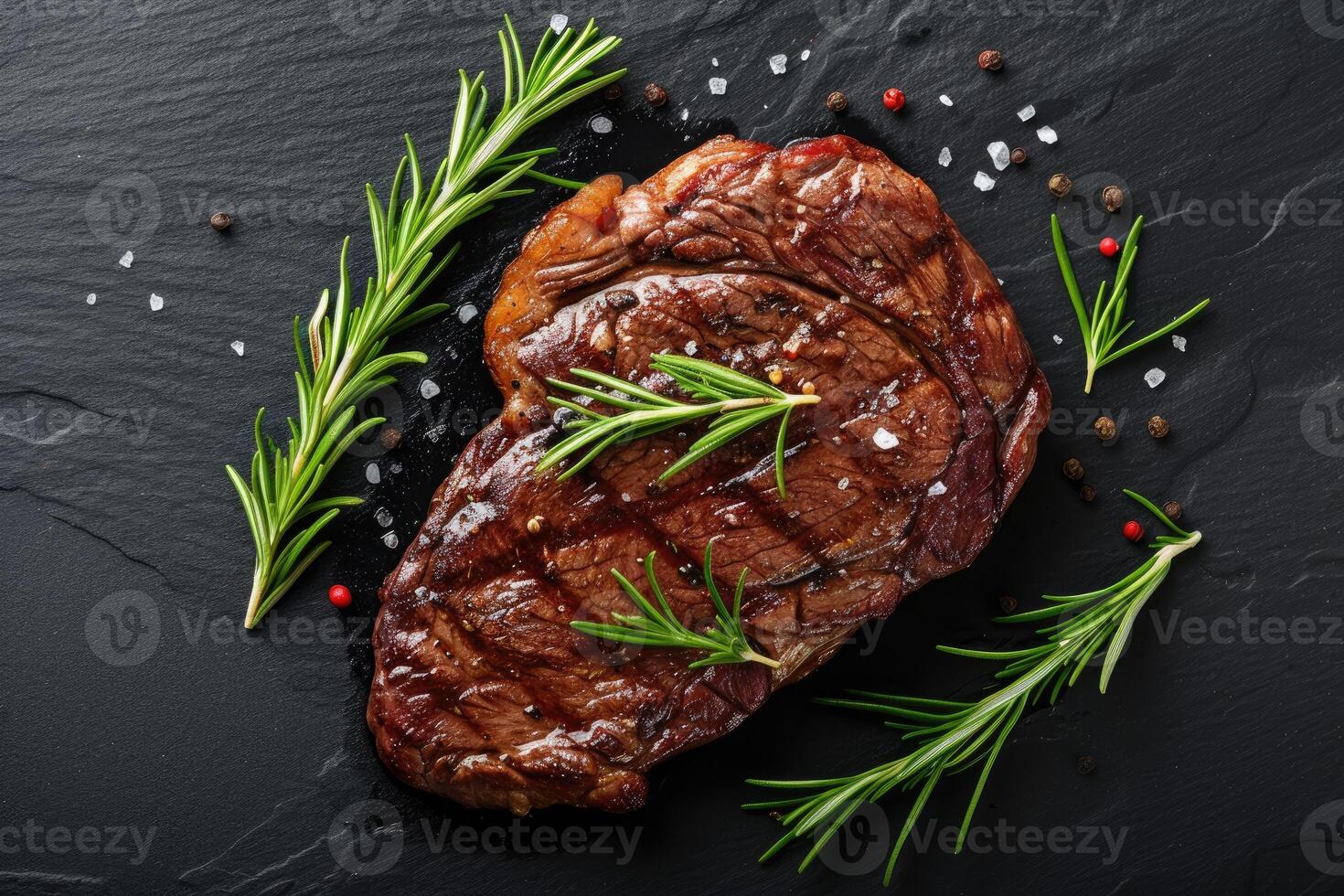 ai gegenereerd geroosterd rundvlees steak Aan donker steen achtergrond met rozemarijn kruiden. top kijk, generatief ai foto